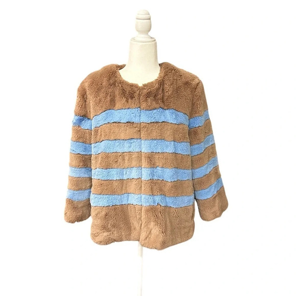 Kule The Bailey Striped Faux Fur Jacket Size L blue and brown excellent cond - Picture 2 of 8